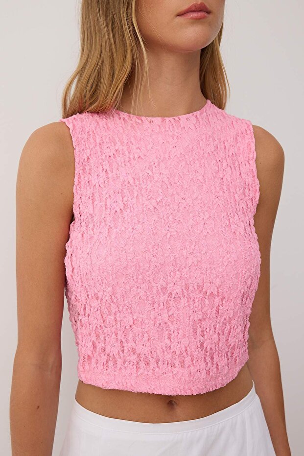 Pembe Fitted/Vücuda Oturan Dantel Örme Bluz TWOSS25BZ00590 - 3