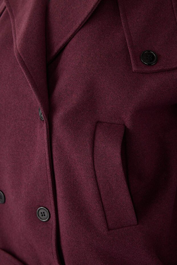 Bordo Yumuşak Dokulu Mevsimlik Büyük Beden Kısa Oversize Kaşe Ceket Kaban TWOAW26DD00008 - 6