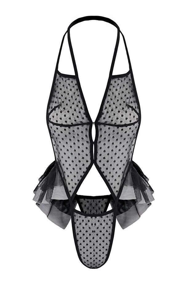 Siyah Tül Puantiyeli Pencere/Cut Out ve Volan Detaylı Kapsız Askılı Örme Fantezi Body THMAW26BD00005 - 5