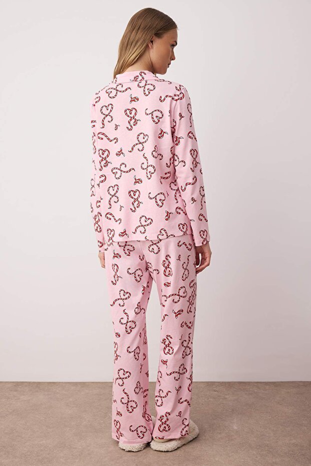 Pembe %100 Pamuklu Kalpli Gömlek Yaka Örme Pijama Takımı THMAW26PT00064 - 4