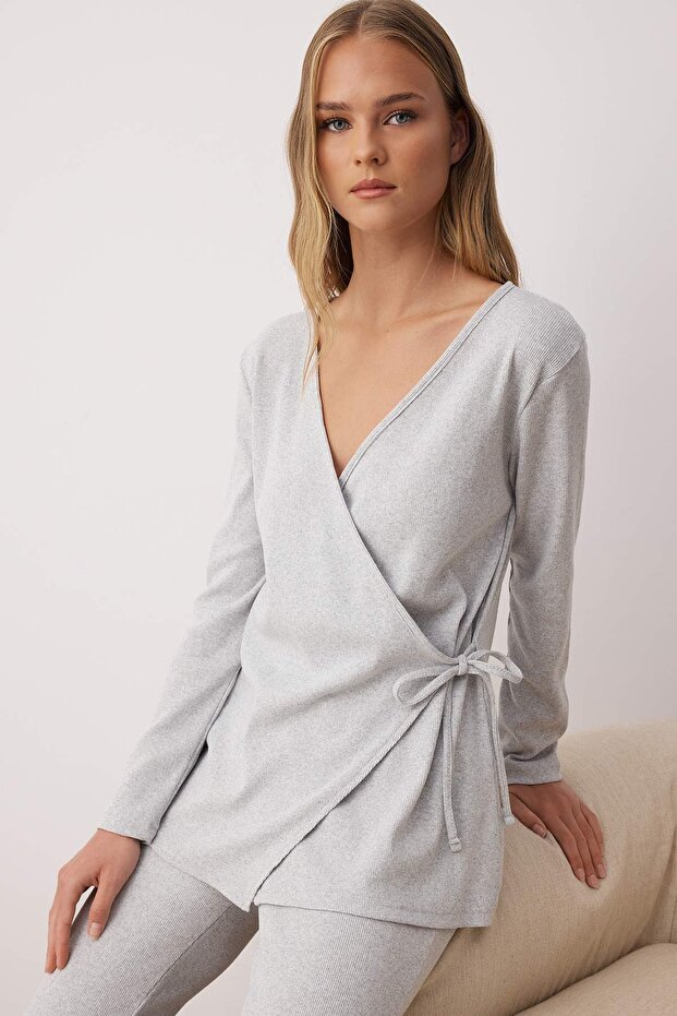 Gri Melanj Bağlama Detaylı Kruvaze Fitilli Kimono Örme Pijama Takımı THMAW26PT00003 - 2