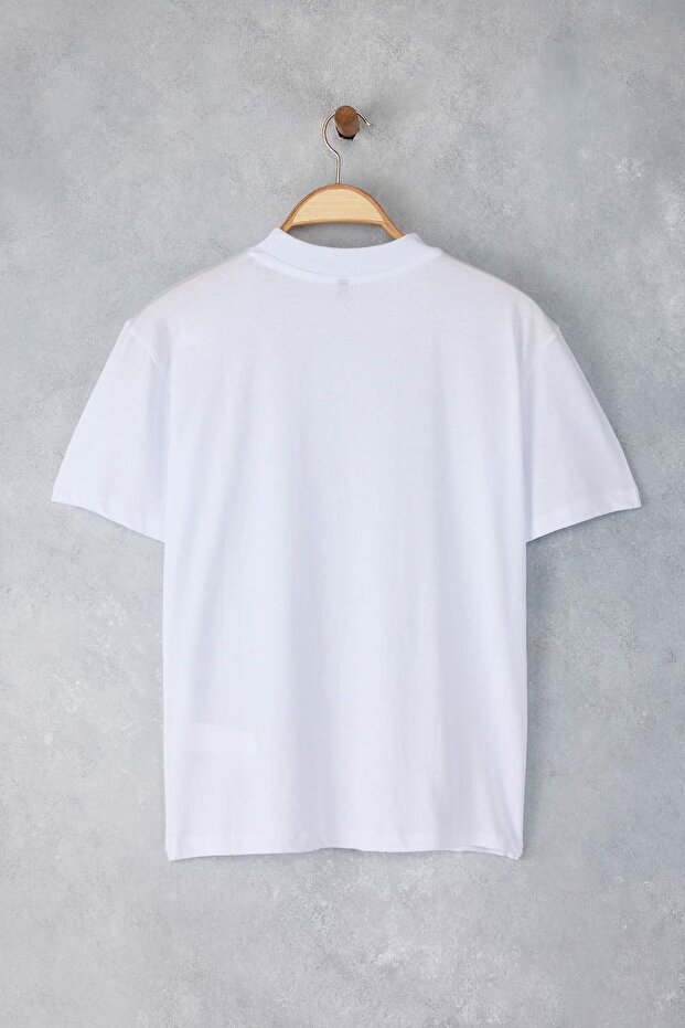 Beyaz-Beyaz 2'li Paket %100 Pamuk Basic Dik Yaka Örme T-Shirt TWOSS20TS1500 - 10