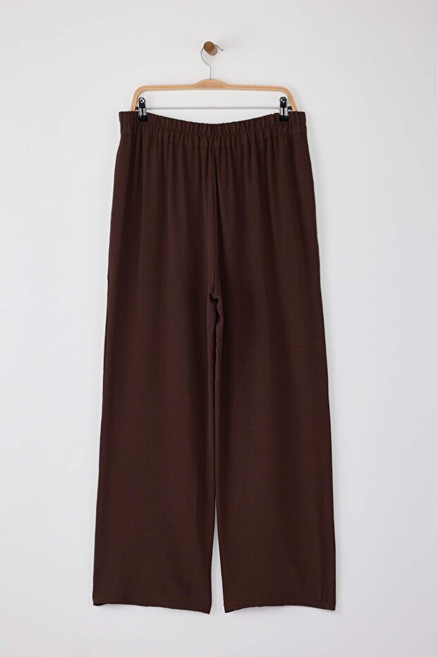 Kahverengi Mevsimlik Lastikli Yüksek Bel Pileli Wide Leg Dokuma Pantolon TBBSS22PL0448 - 7