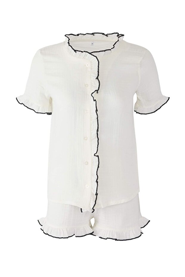 Beyaz %100 Pamuklu Fırfırlı Müslin Şortlu Dokuma Pijama Takımı THMSS25PT00047 - 5