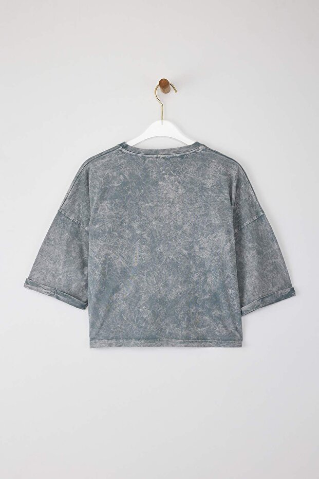 Gri Kalın Pamuklu Yıkamalı Çiçekli Relaxed/Rahat Kalıp Crop Örme T-Shirt TWOSS25TS00131 - 6