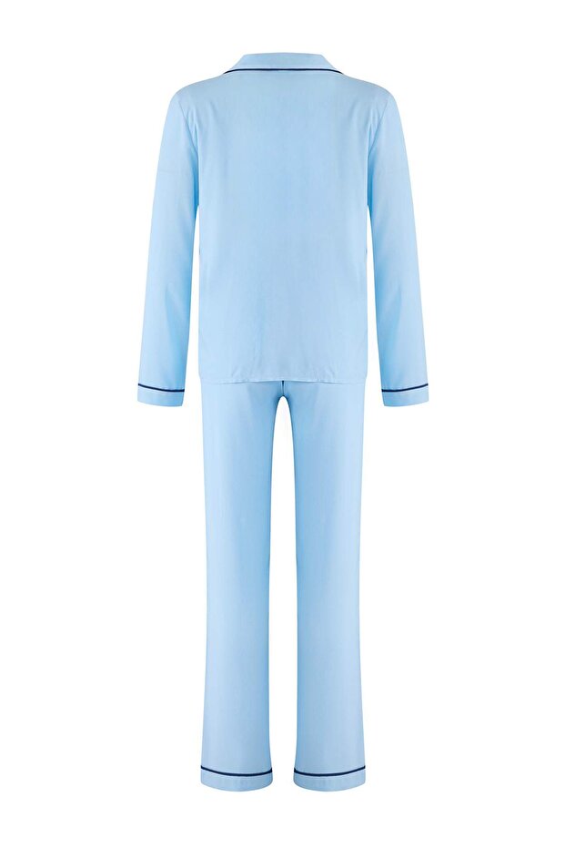 Açık Mavi Kalp Nakışlı Biyeli Viskon Dokuma Pijama Takımı THMAW25PT00179 - 7