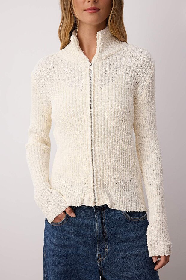 Wardrobe Essentials Taş Fermuarlı Dik Yaka Yumuşak Dokulu Pamuklu Triko Hırka TWOAW26HI00088 - 3
