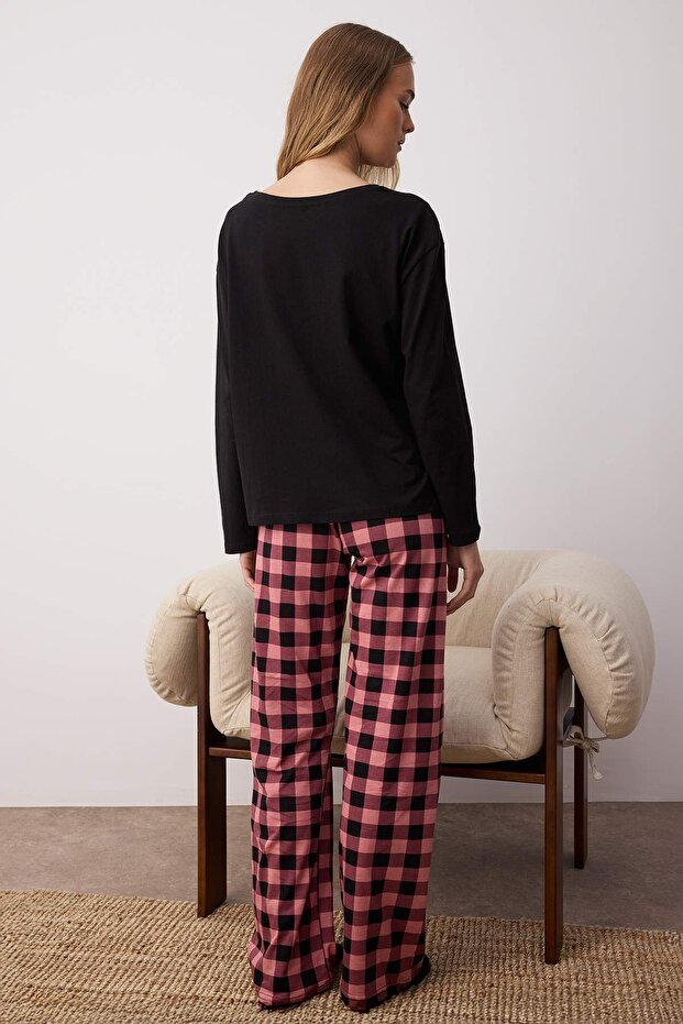 Siyah %100 Pamuklu Ayıcıklı Ekoseli Örme Pijama Takımı THMAW25PT00088 - 4