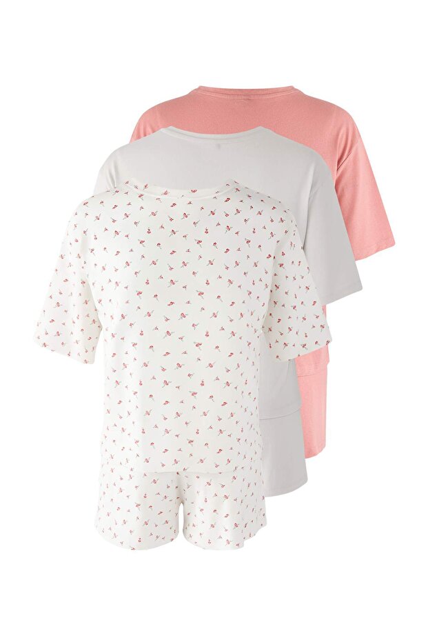 Çok Renkli 3'lü %100 Pamuklu Çiçekli Şortlu Örme Pijama Takımı THMSS25PT00419 - 9