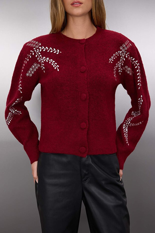 Bordo Yumuşak Dokulu Taş İşlemeli Triko Hırka TWOAW26HI00063 - 3
