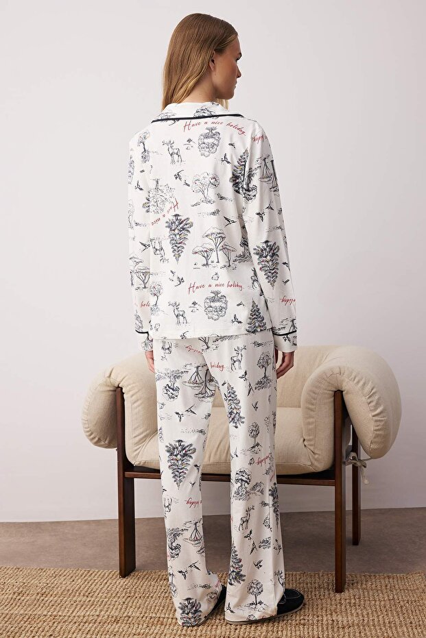 Ekru %100 Pamuklu Kış Temalı Biye Detaylı Örme Pijama Takımı THMAW25PT00038 - 4