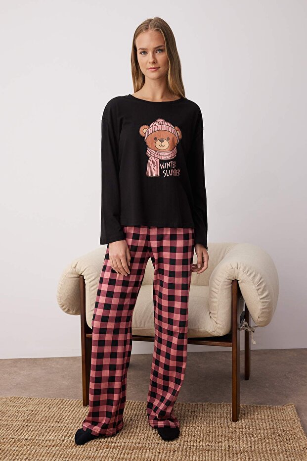 Siyah %100 Pamuklu Ayıcıklı Ekoseli Örme Pijama Takımı THMAW25PT00088 - 1