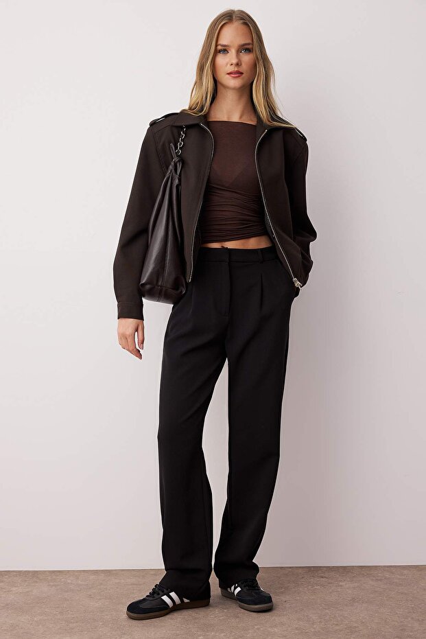 Siyah Wide Leg/Geniş Paça Pileli Dokuma Kumaş Pantolon TWOSS21PL0155 - 2