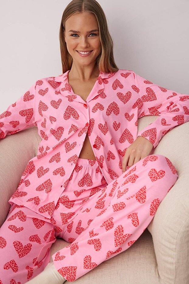 Pembe %100 Pamuklu Leopar Kalpli Örme Pijama Takımı THMAW25PT00142 - 2