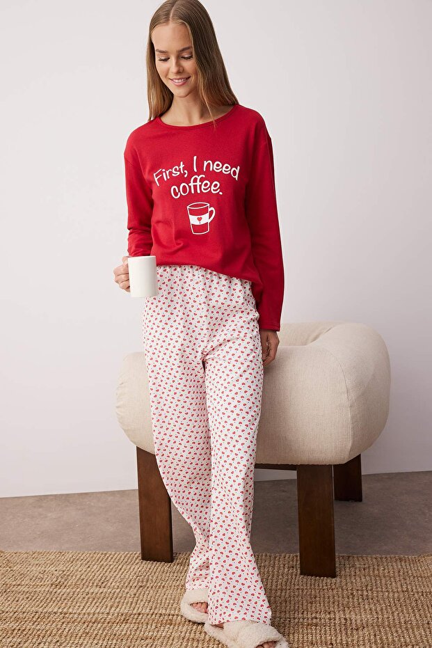 Kırmızı Pamuklu Kalpli Slogan Baskılı Uyku Bantlı Örme Pijama Takımı THMAW25PT00223 - 1