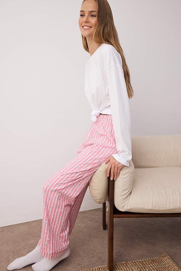 Bawełniane spodnie piżamowe w paski i serca - różowe Thmss23Pj00002 - 2