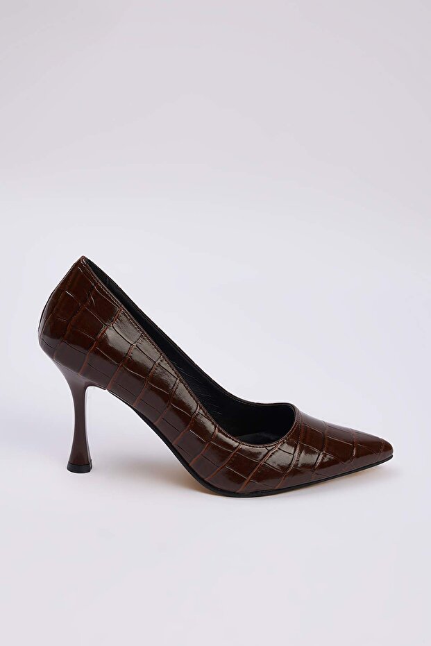 Açık Kahverengi Kroko Desenli Sivri Burun Kadın 9 cm İnce Topuklu Stiletto AyakkabıTAKAW26TO00001 - 5