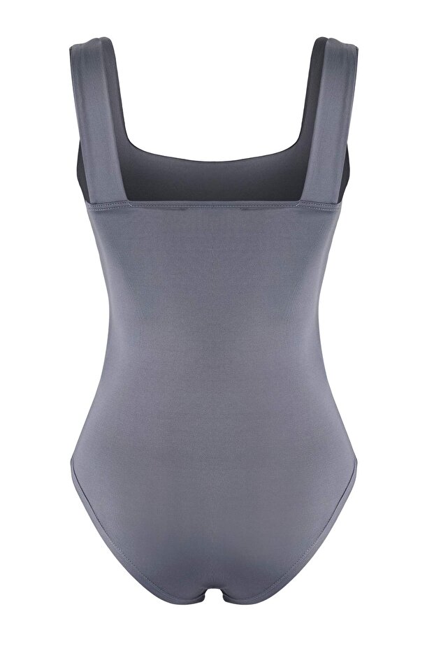 Antrasit Fitted/Vücuda Oturan Sırtı Detaylı Kare Yaka Çıtçıtlı Esnek Örme Body TWOSS24BD00026 - 6