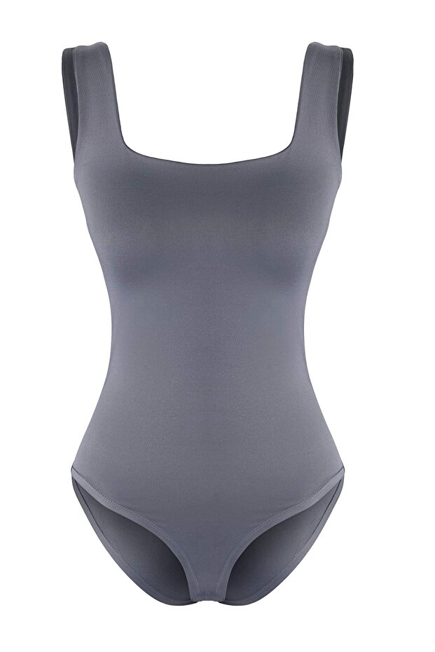 Antrasit Fitted/Vücuda Oturan Sırtı Detaylı Kare Yaka Çıtçıtlı Esnek Örme Body TWOSS24BD00026 - 5