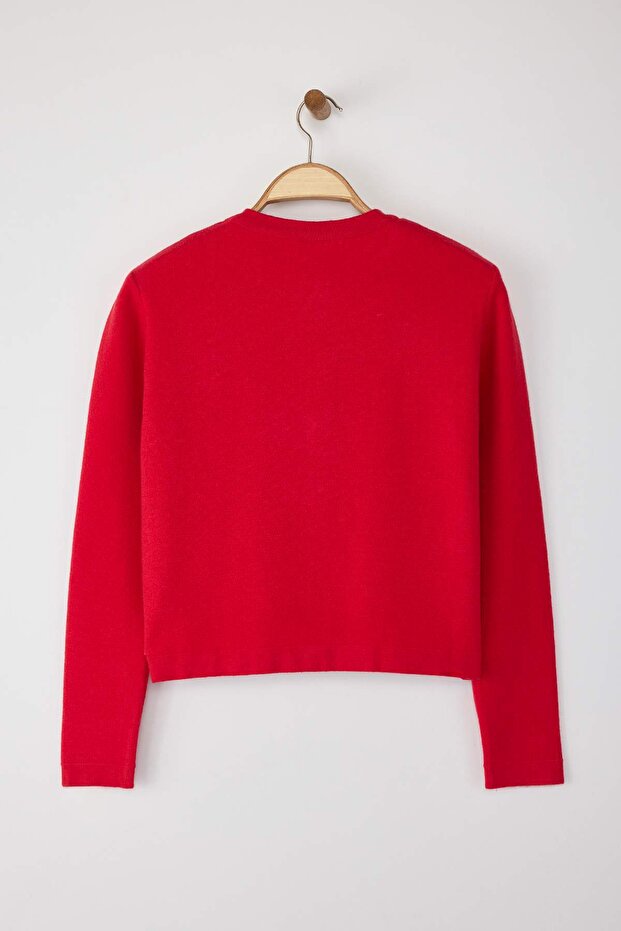 Wardrobe Essentials Kırmızı Düz Düğme Detaylı Crop Premium/Özel İplik Triko Hırka | TWOAW26HI00094 - 6