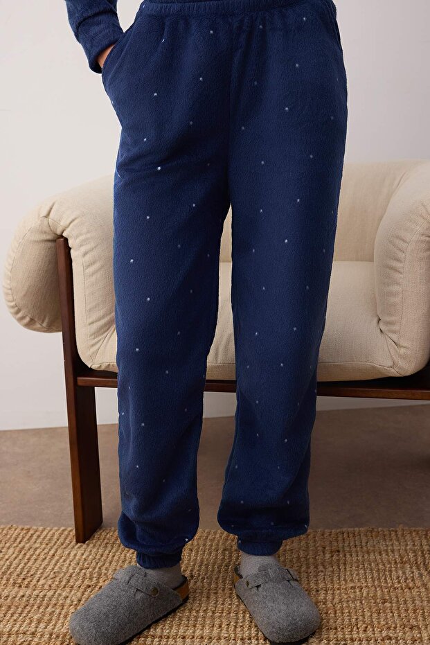 Lacivert Puantiyeli Polar Kışlık Örme Pijama Takımı THMAW24PT00032 - 3