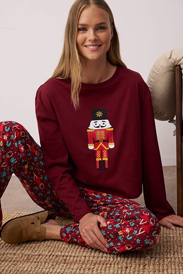 Bordo %100 Pamuklu Yılbaşı Temalı Örme Pijama Takımı THMAW23PT00318 - 2
