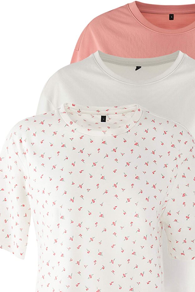 Çok Renkli 3'lü %100 Pamuklu Çiçekli Şortlu Örme Pijama Takımı THMSS25PT00419 - 10