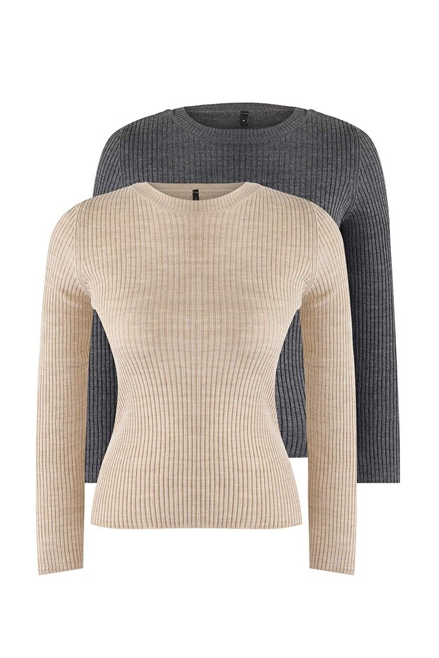 Anthrazit-Beige Doppelpack-Strickpullover TWOAW22KZ1766 - 6