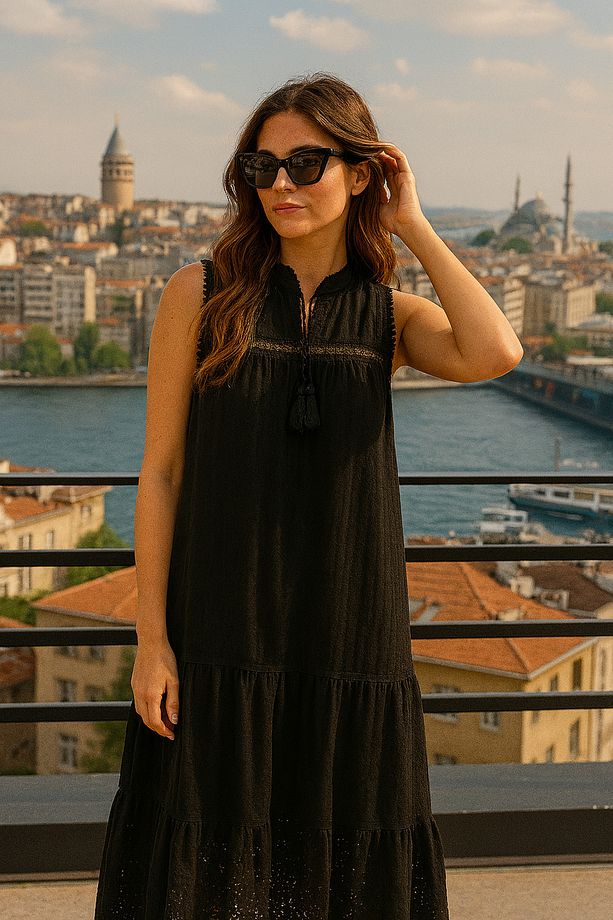 Fisto İşlemeli Astarlı Kolsuz Uzun Elbise, Elbise, Fisto Elbesi, Kolsuz Elbise , Astarlı Elbise - 1