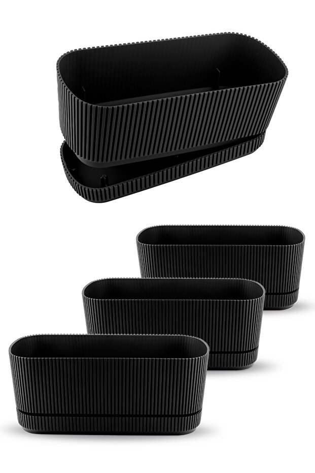 4 Adet 3 Litre 29cm Pera Uzun Saksı Seti Siyah Plastik Tabaklı Çiçek Bitki Balkon Saksısı Set - 1