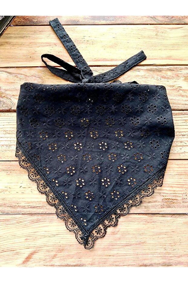 Black Brode Cotton Fabric, Lace-Up Lace Fisto Bandana |   Handmade