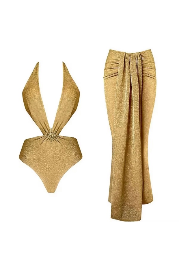 Women's Metal Accessory Swimsuit + Pareo Skirt Set 2 Piece up Set Bodysuit Beach Fashion