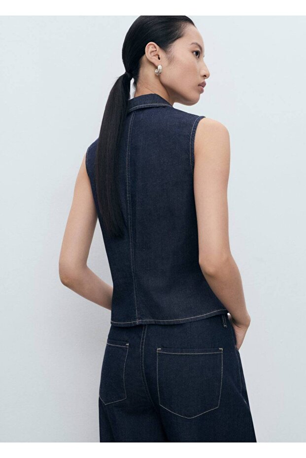 Kontrast dikişli denim bluz - 4