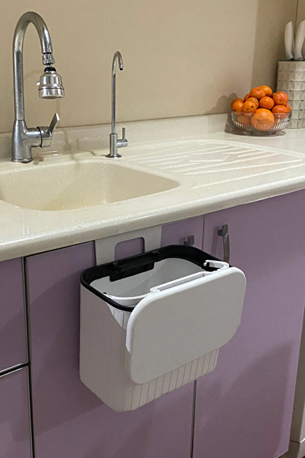 Hanging Trash Can Striped 8 Lt Kitchen Counter Top and Cabinet Hanging Trash Can with Double Direction Lid - 4