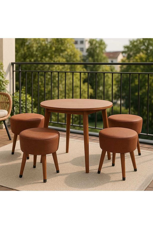 Kahve Puf Koltuk Bench Tabure – Dekoratif Ahşap Ayaklı | Doğal & Modern Stil - 5