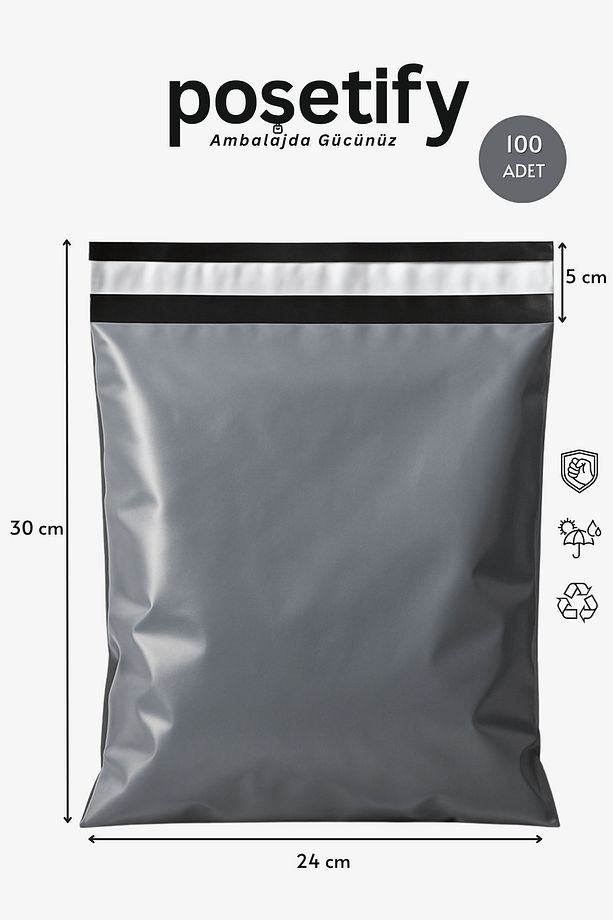 Gri Cepsiz Kargo Poşeti 24x30+5 cm | Yapışkan Bantlı Kargo Zarfı | 100’lü E-Ticaret Poşeti - 1