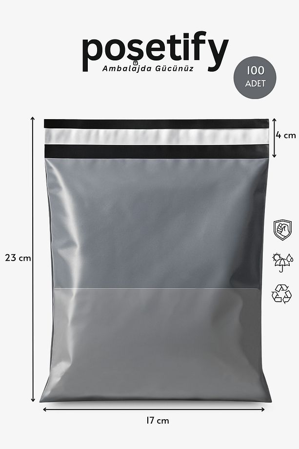 Gri Cepli Kargo Poşeti 17x23+4 cm | Yapışkan Bantlı Gönderi Zarfı | 100’lü E-Ticaret Poşeti - 1