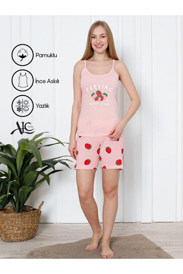 Çilek Desenli Şıklık – Askılı Ve Şortlu Pamuklu Yazlık Pijama Takımı - 2