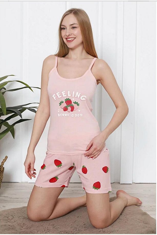 Çilek Desenli Şıklık – Askılı Ve Şortlu Pamuklu Yazlık Pijama Takımı - 3