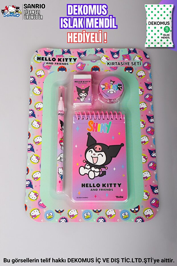 "Dekomus Wet Wipes with Gift" Licensed Hello Kitty & Best Friends 4-Piece Stationery Set Notebook,