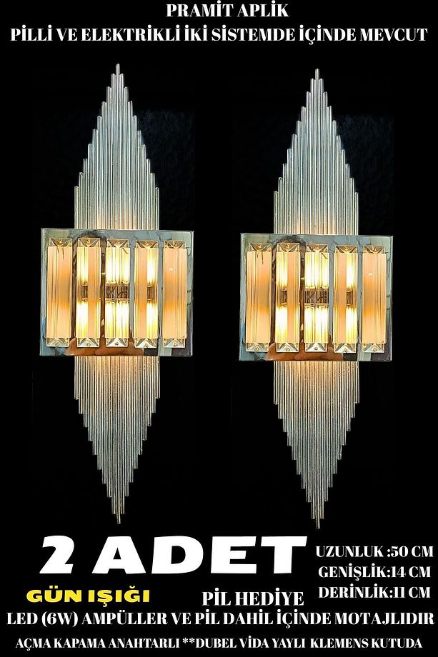 2 Adet- Pilli Aplik Pramit Gümüş Duvar Aplik Ev Otel, Kafe, Salon Ve Ofis Için Led Işıklı Gümüş - 1
