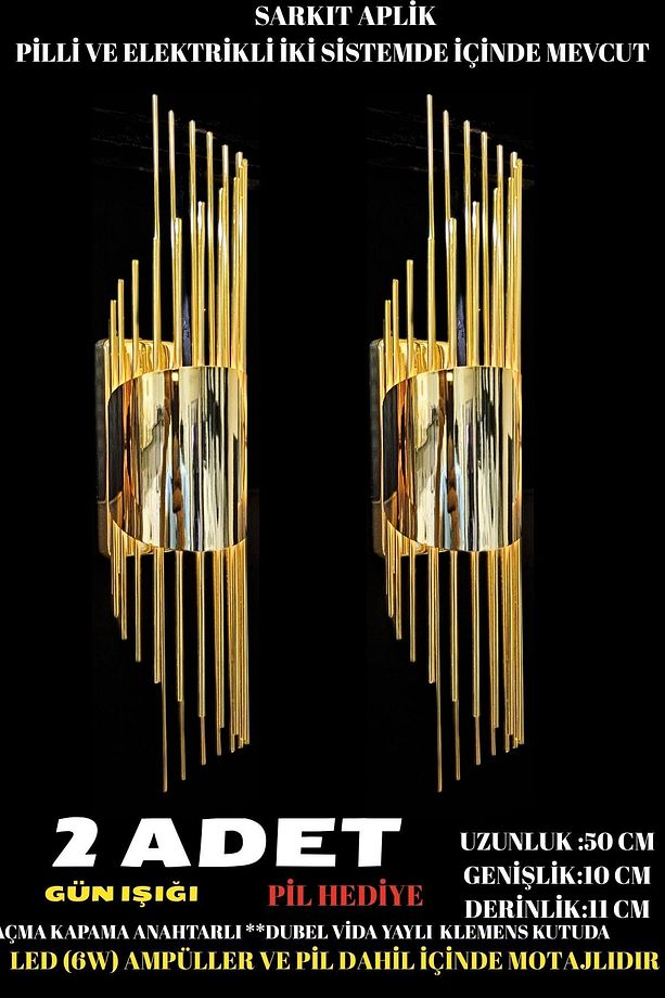 2 Adet-sarkıt Gold Duvar Aplik,pilli Aplik, Led Duvar Aplik Aydınlatma A Duvar Lambası Aplik - 1