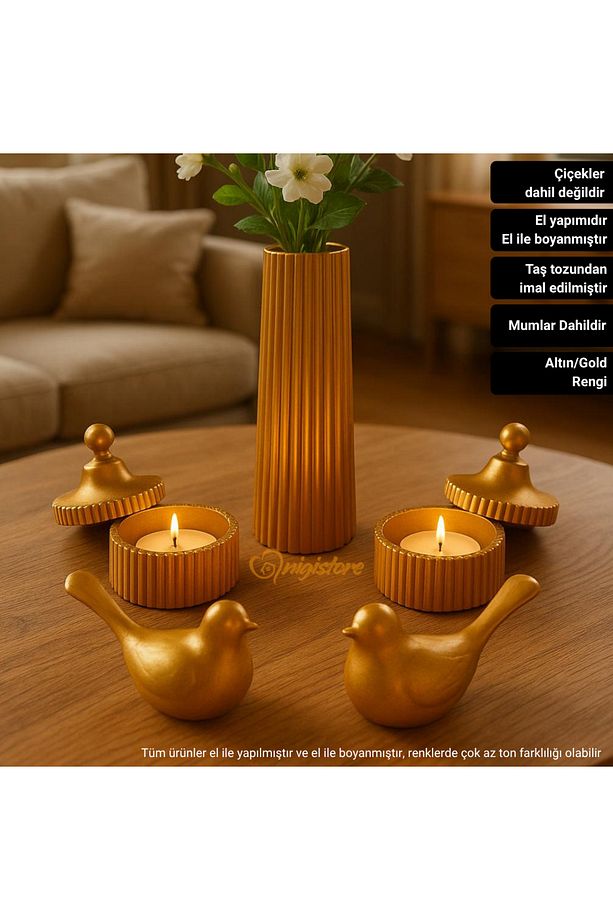 5 Parça Dekoratif Set Gold -vazo, 2 Adet Mum, 2 Adet Biblo Kuş (ÇİÇEK DAHİL DEĞİLDİR) - 1