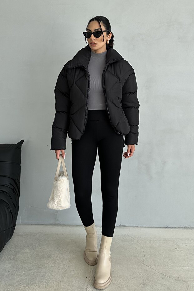 Kadın Siyah Oversize Şişme Mont - 5