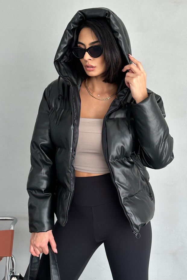 Női fekete bőr kapucnis kabát - túlméretezett - 4