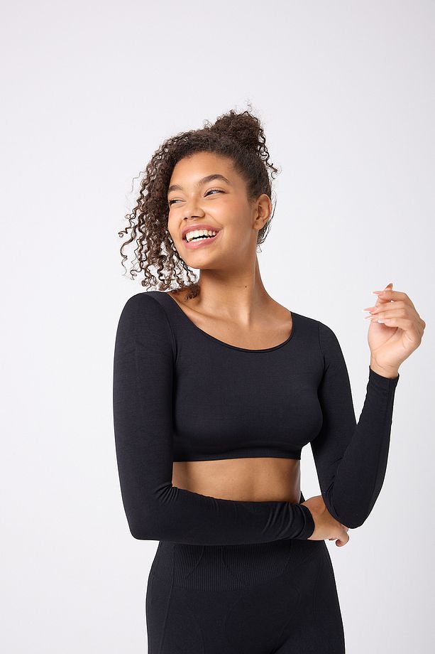 Kare Yaka Uzun Kollu Crop Top Seamless - 1