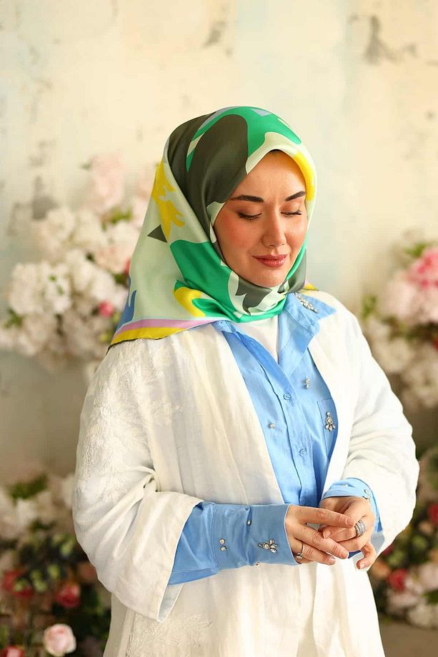 Sarı Pembe Karma Desen Tivil Ipek Eşarp 11425-01 - 4