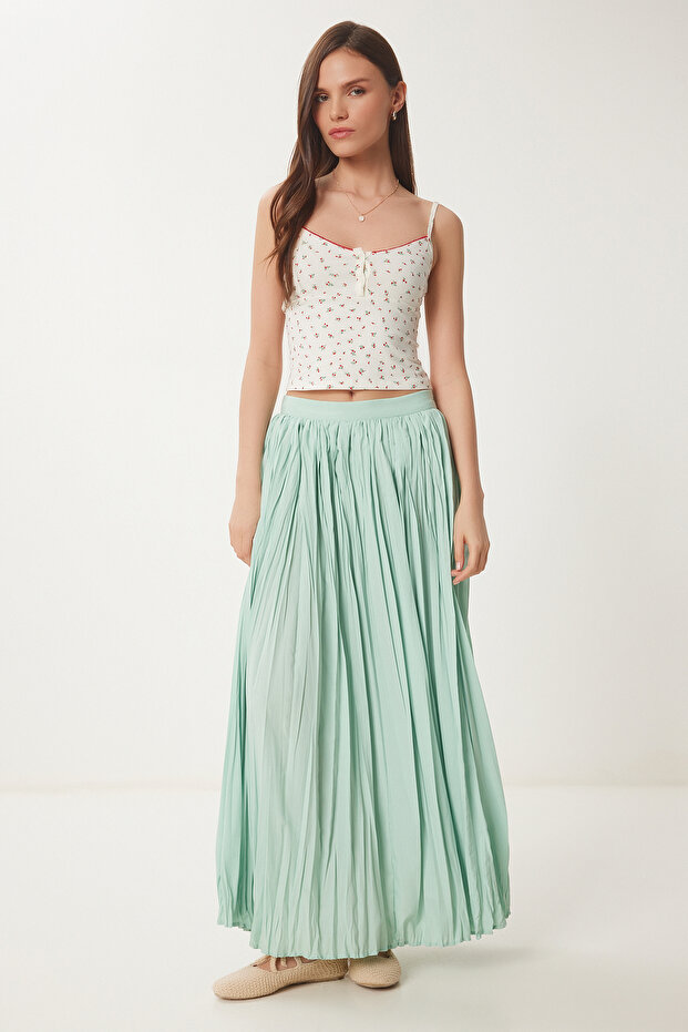 Wrinkle Effect Flared Woven Skirt Green Lus0123