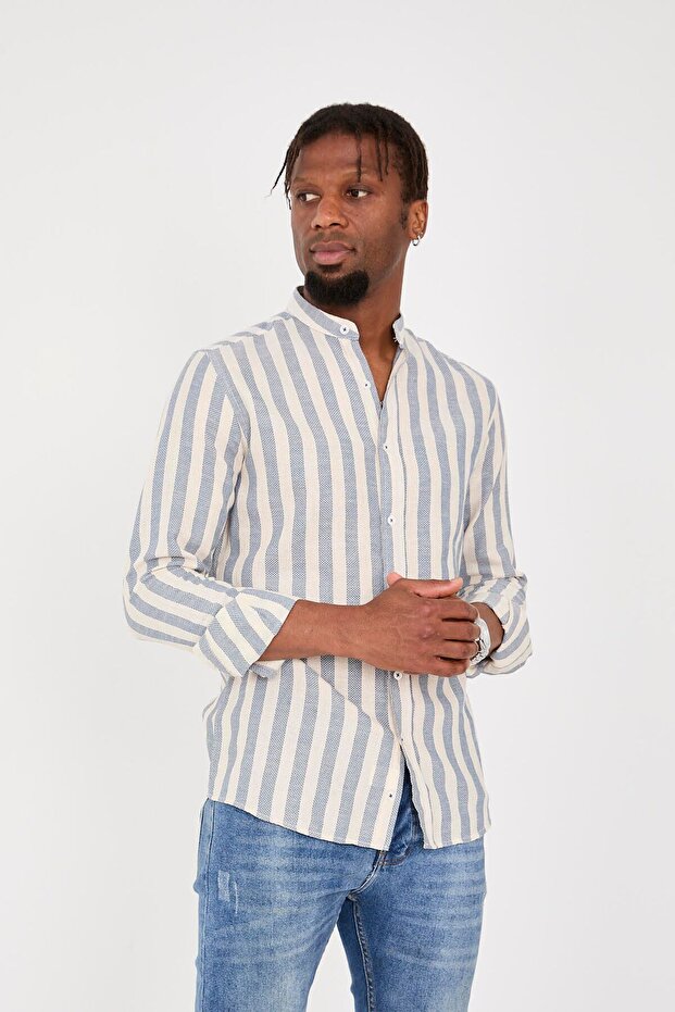 Blue-White Striped Etamine Cotton Judge Collar Long Sleeve Men's Shirt