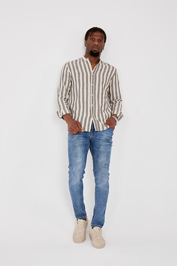 Black-White Cotton Striped Etamin Hakim Collar Long Sleeve Men's Shirt